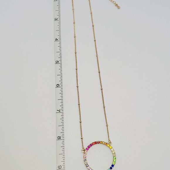 Rainbow Rhinestone Circular Pendant Necklace - Picture 2 of 4